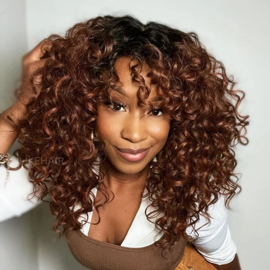 Glueless Reddish Brown With Dark Root Bouncy Curl  Lace Wig