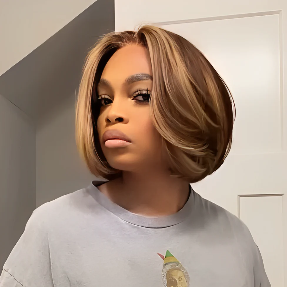 Brown With Blonde Highlights Wavy Bob Lace Closure Wig