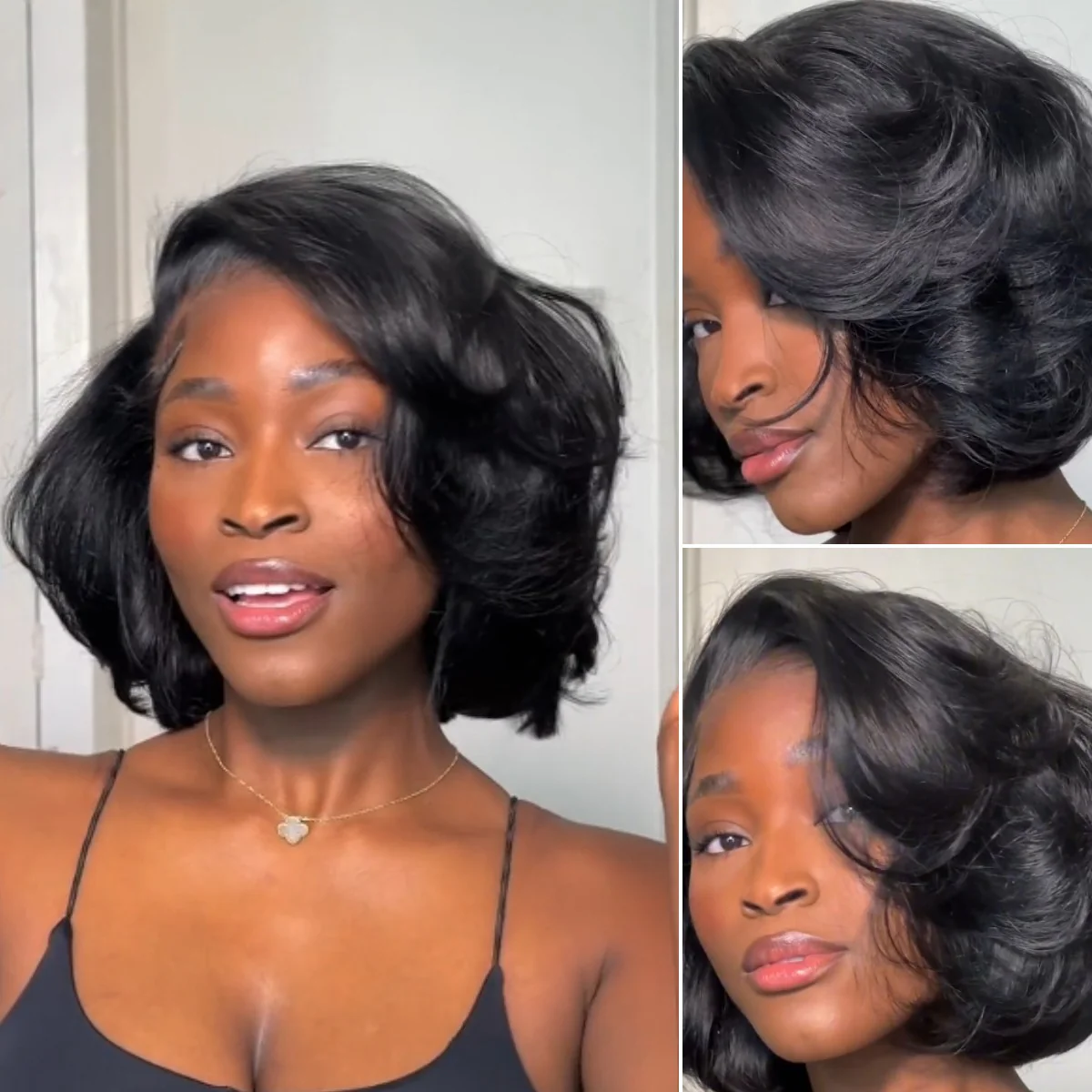 Natural Black Short Layered Wavy Bob Lace Wig