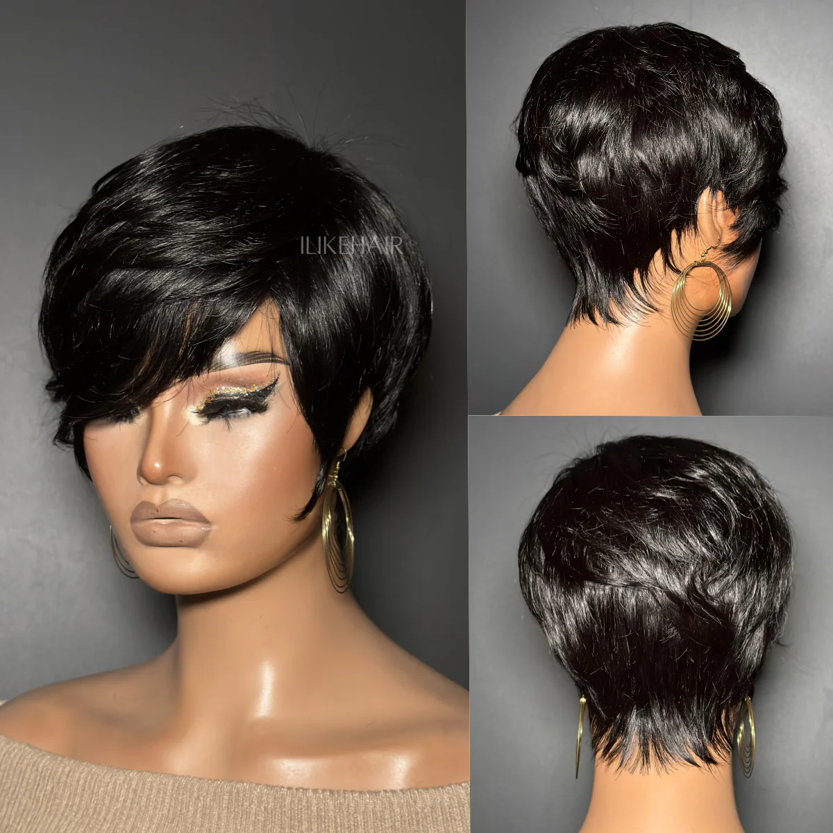 Short Pixie Cut With Long Bangs Glueless Human Hair Wig