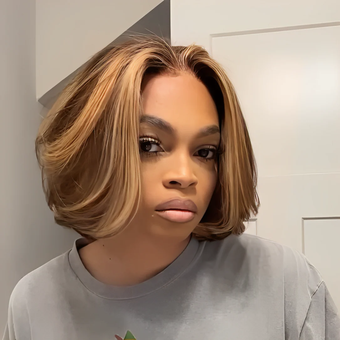 Brown With Blonde Highlights Wavy Bob Lace Closure Wig