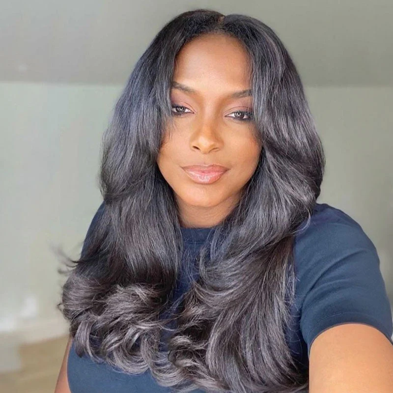 Put on & Go Inspired Layered Curtain Bangs Wavy Lace Closure Wig