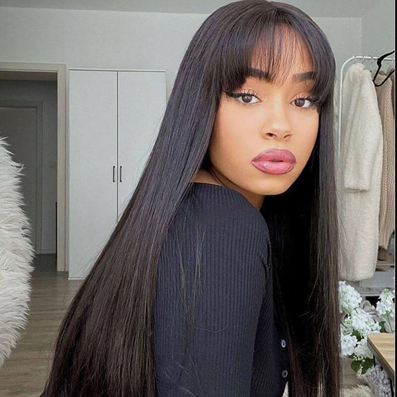 Natural Black Glueless Silky Straight Wig With Bangs