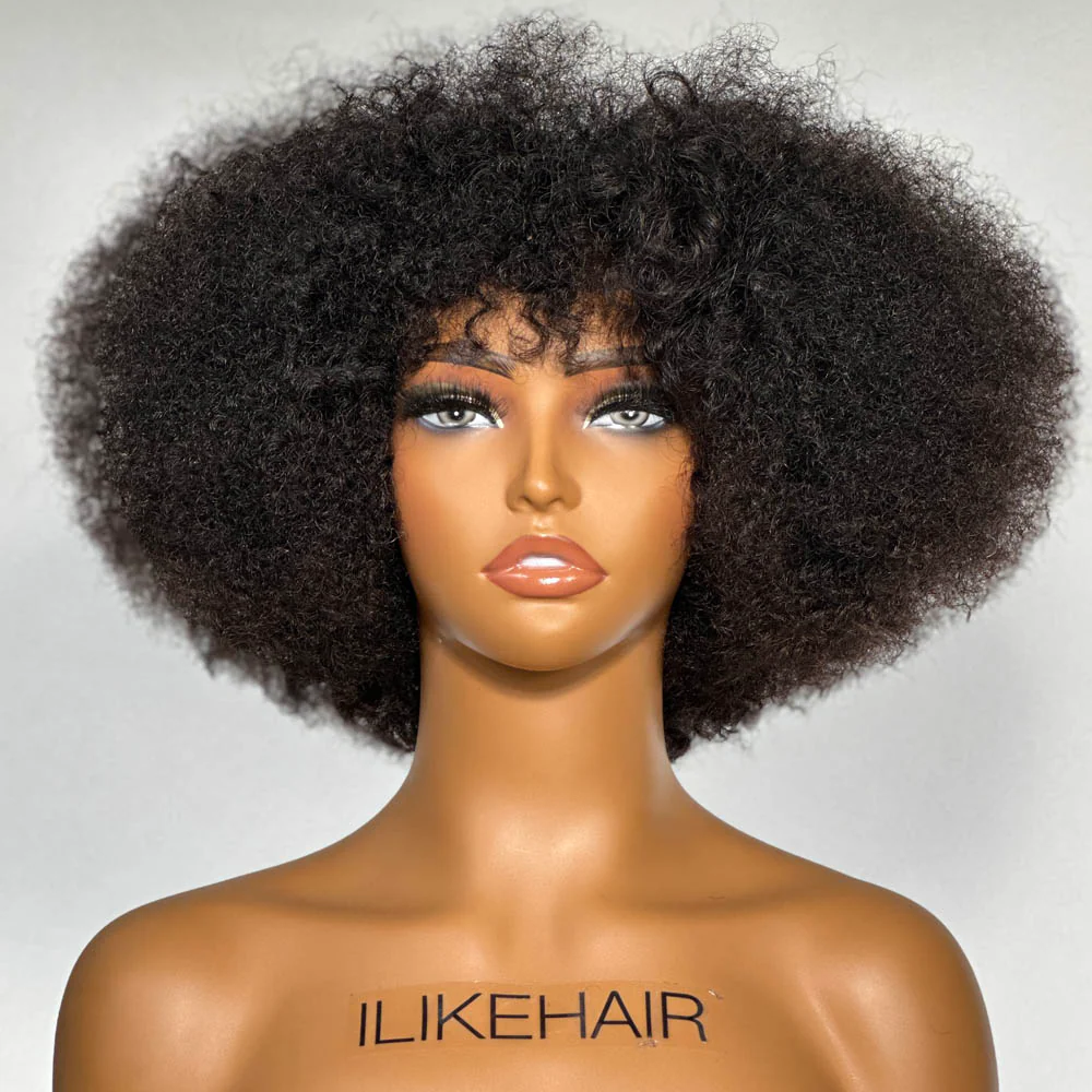 Best Beginner Afro Kinky Curly Human Hair Wig With Bangs