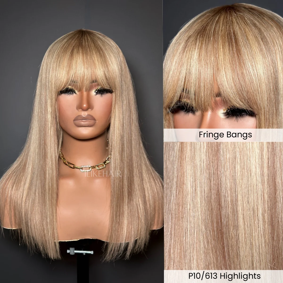 P10/613 Blonde Highlight Straight Glueless Human Hair Wig With Bangs