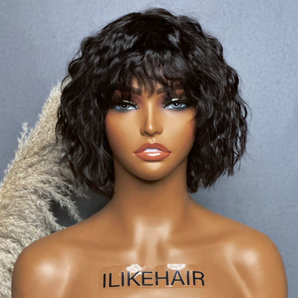 Wolf Cut Short Wavy Bob Glueless Wig With Bang