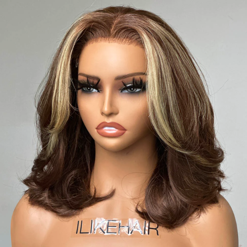 Short Ombre Chocolate Brown with Blonde Highlights 13x4 Lace Front Wig Human Hair