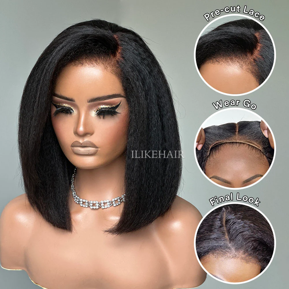Put on & Go 5x5 Kinky Straight 4C Kinky Edges Pre Cut HD Lace Short Bob Wig