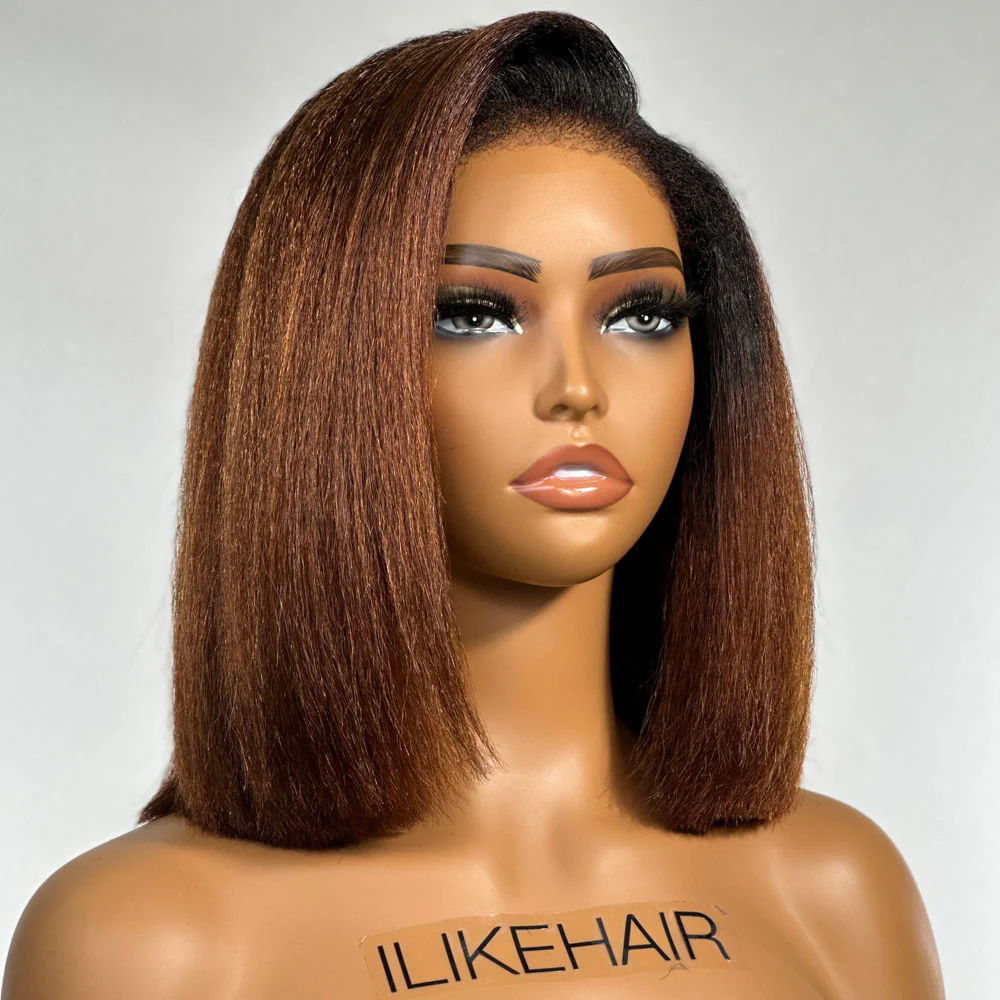 Put on & Go Ombre Brown Kinky Straight Bob HD Lace With Kinky Edges Wig