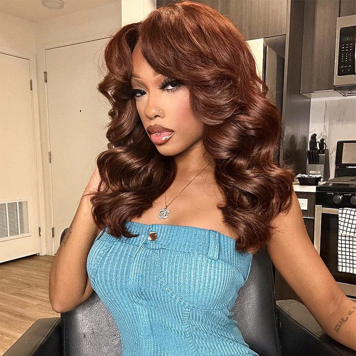 Put on & Go Chestnut Brown Layered Wavy With Curtain Bangs 5x5 Lace Closure Wig