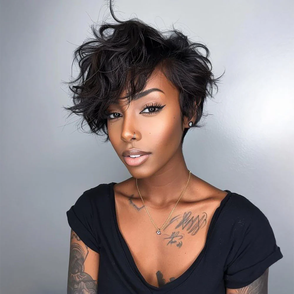 Glueless Natural Black Layered Pixie Wavy Wig With Bangs