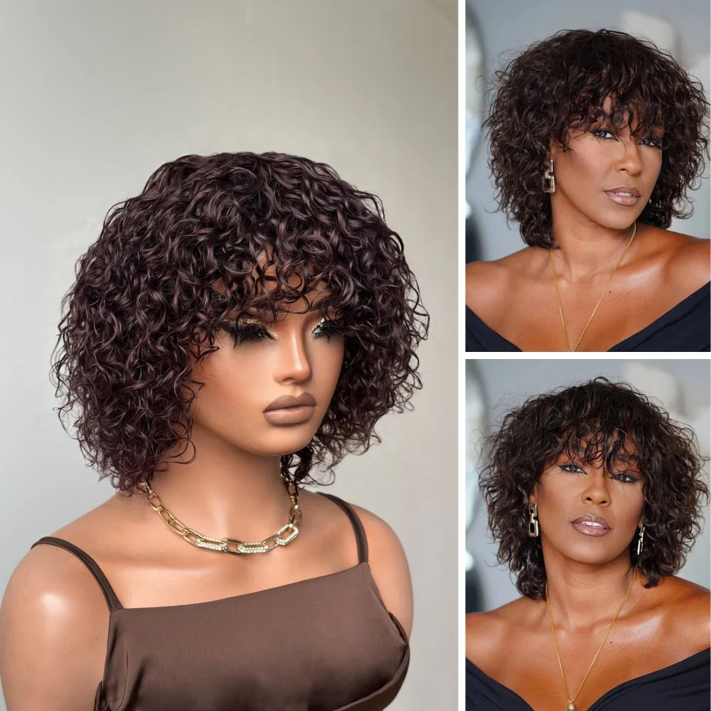 Put On & Go Dark Brown Curly Bob Wig With Bangs