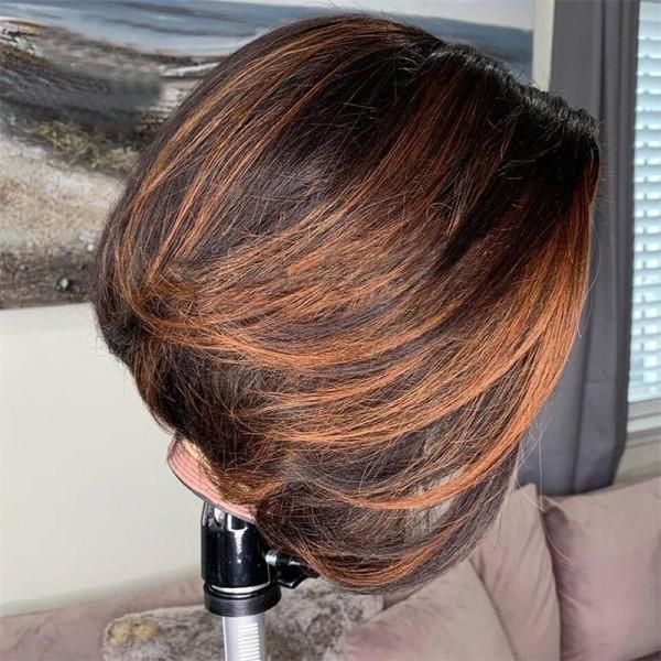 Glueless Short Pixie Cut Human Hair Lace Front Highlight Bob Wig