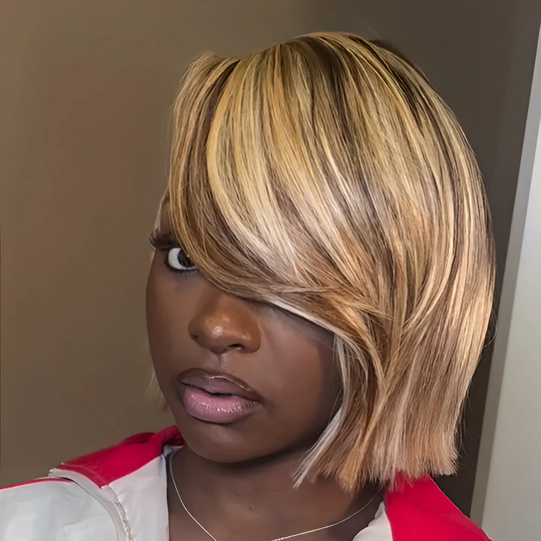 613 Blonde Highlight With Brown Bob 13��4 Lace Frontal Wig with Swoop Bang