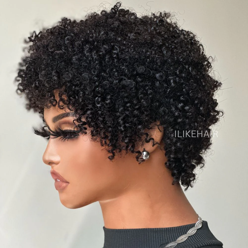Put On & Go Natural Black Afro Pixie Curly Wig With Bangs
