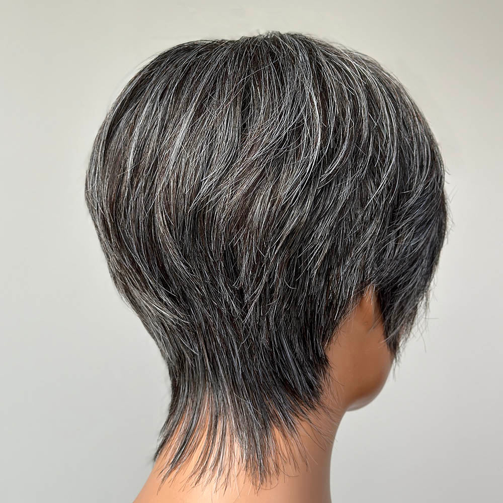 Short Silver Pixie Human Hair Wig with Side Bangs