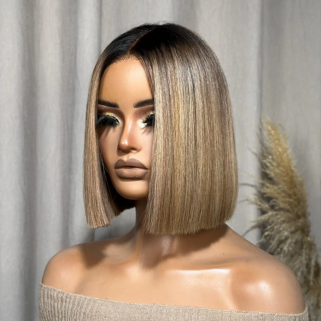 Ombre Blonde Highlight with Brown Blunt Cut Bob 5x5 Lace Closure Wig