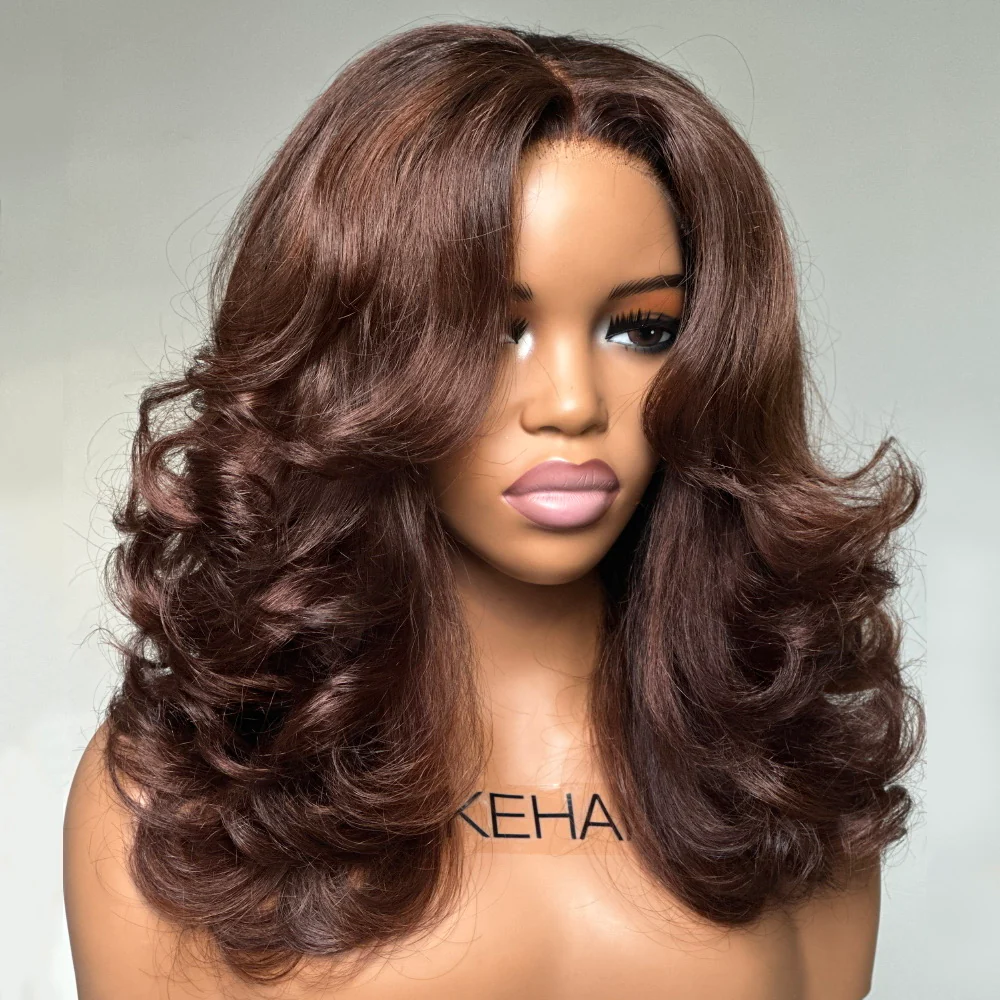 Put on & Go Chestnut Brown Layered Wavy With Curtain Bangs 5x5 Lace Closure Wig