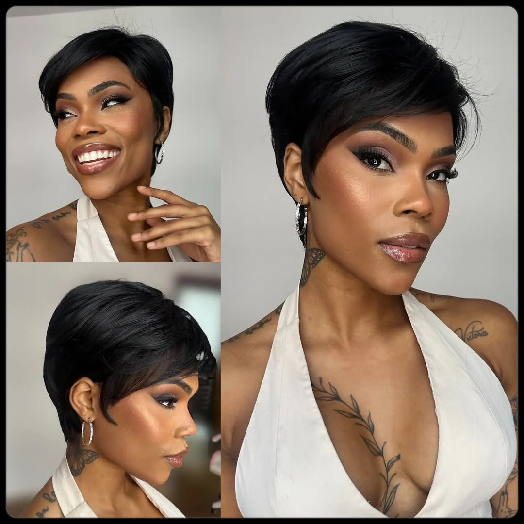 Short Pixie Cut With Long Bangs Glueless Human Hair Wig