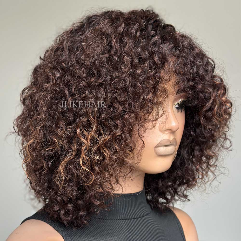 Put on & Go Brown Highlight Curly Bob Wig With Bangs