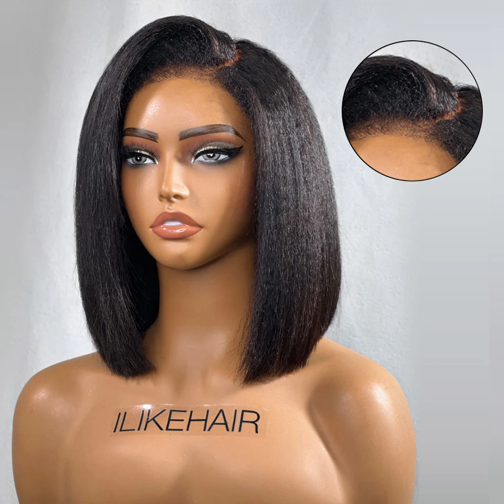 Put on & Go 5x5 Kinky Straight 4C Kinky Edges Pre Cut HD Lace Short Bob Wig