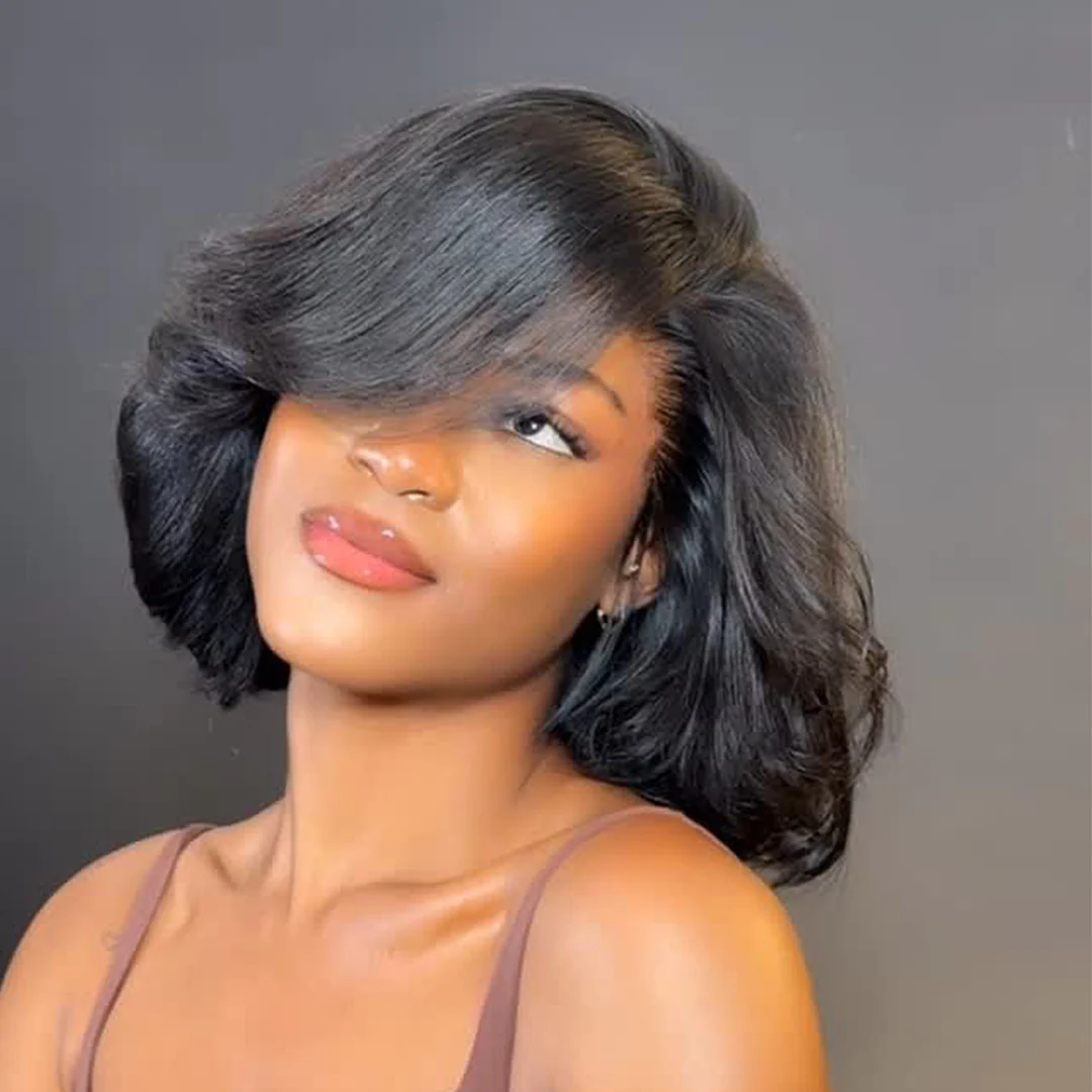 Natural Black Short Layered Wavy Bob Lace Wig
