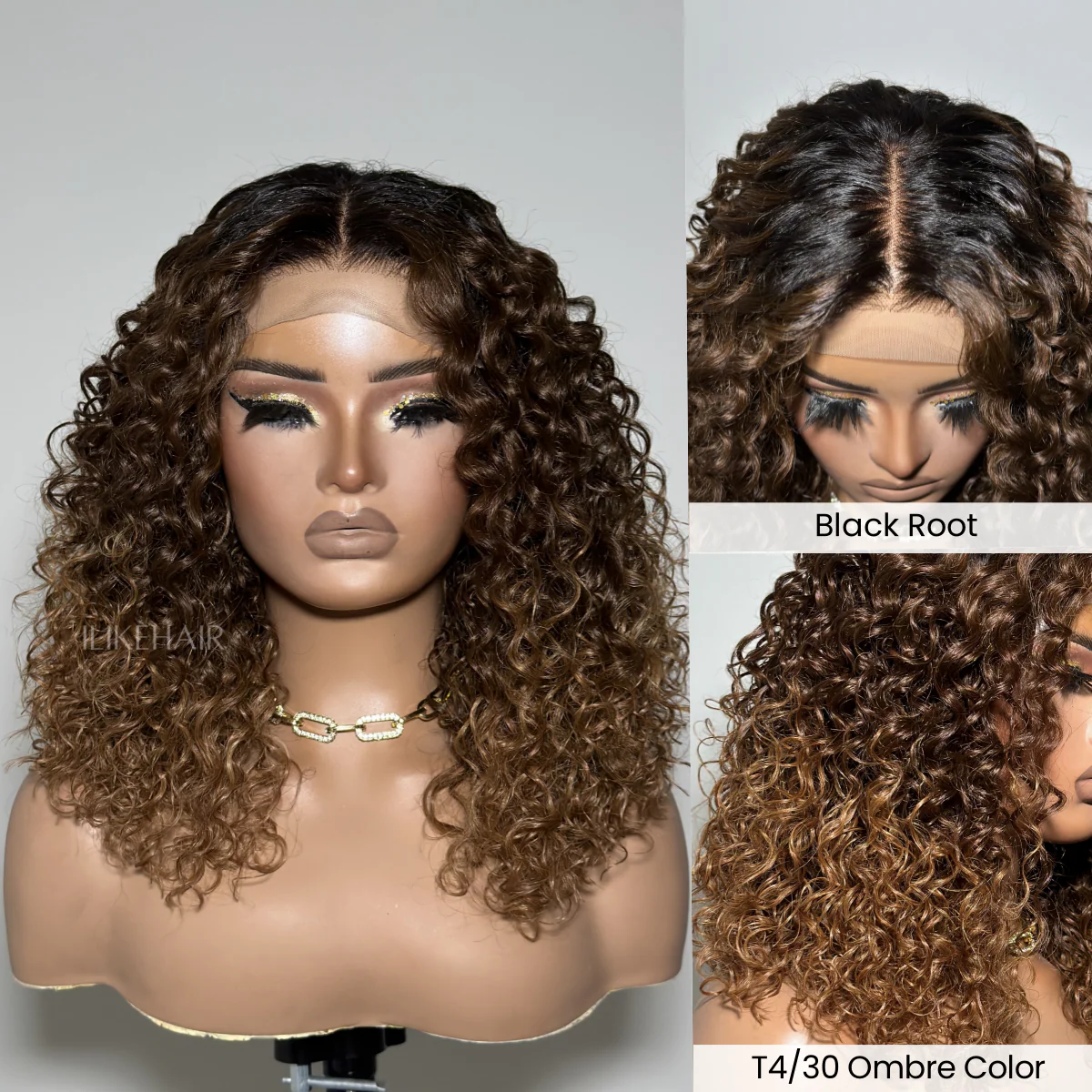T4/30 Ombre Brown With Black Root Water Wave 6x6 Lace Closure Wig