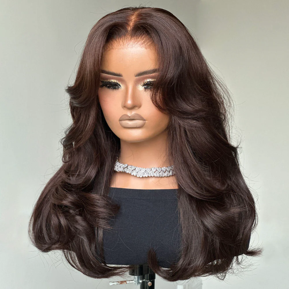 Dark Brown Layered Wavy With Side Bang Lace Wig