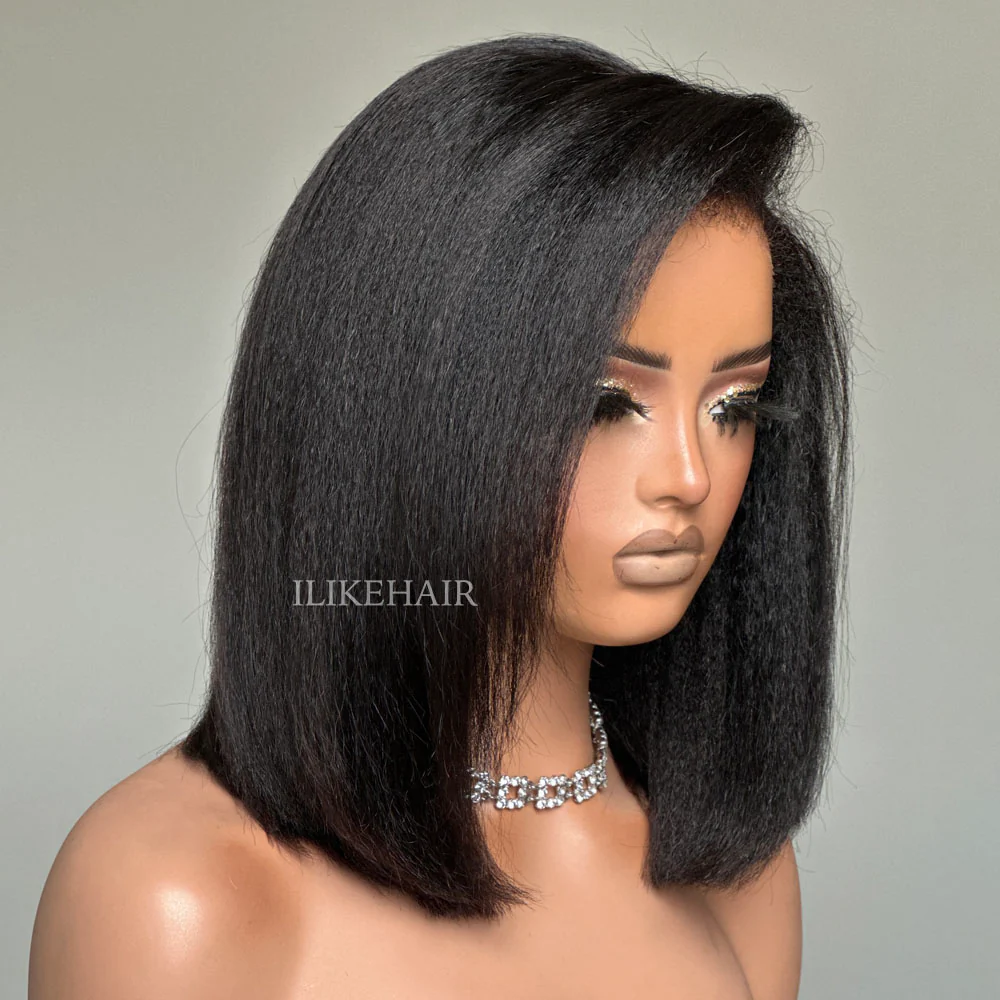 Put on & Go 5x5 Kinky Straight 4C Kinky Edges Pre Cut HD Lace Short Bob Wig