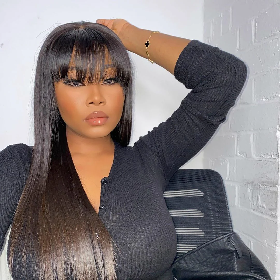 Natural Black Glueless Silky Straight Wig With Bangs