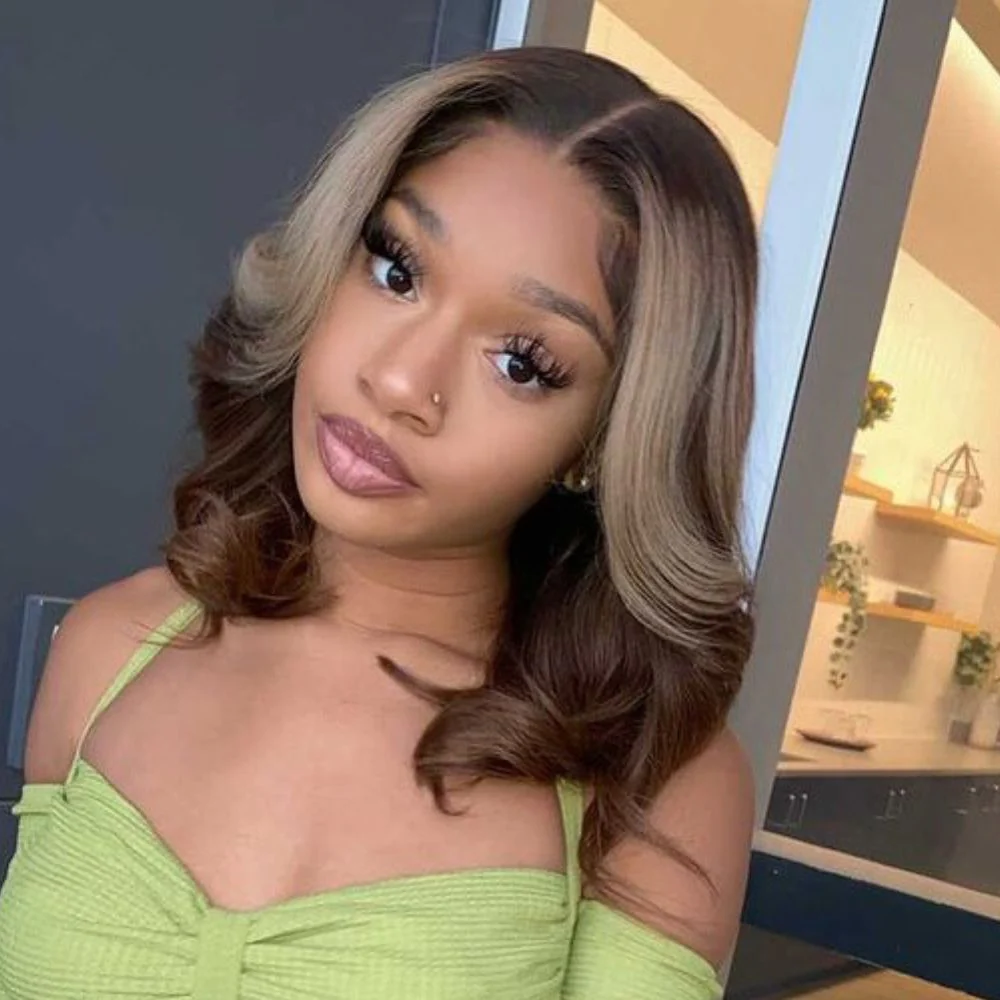 Short Ombre Chocolate Brown with Blonde Highlights 13x4 Lace Front Wig Human Hair