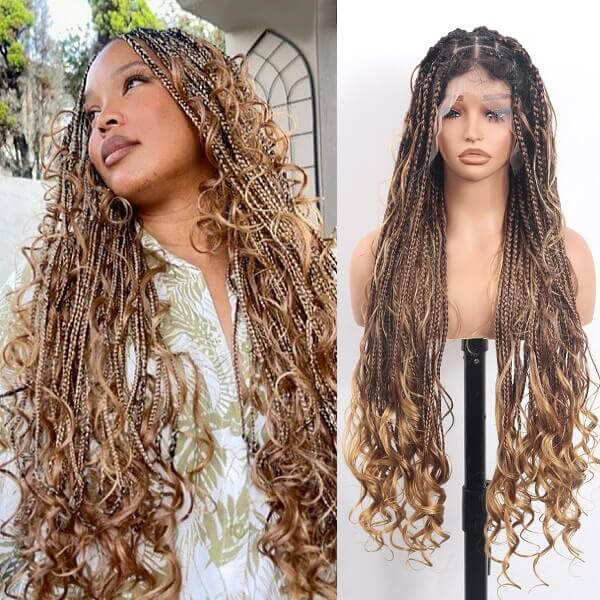 Boho Knotless Braided with Ombre Brown & Honey Blonde French Curls Invisi Drawstring Wig