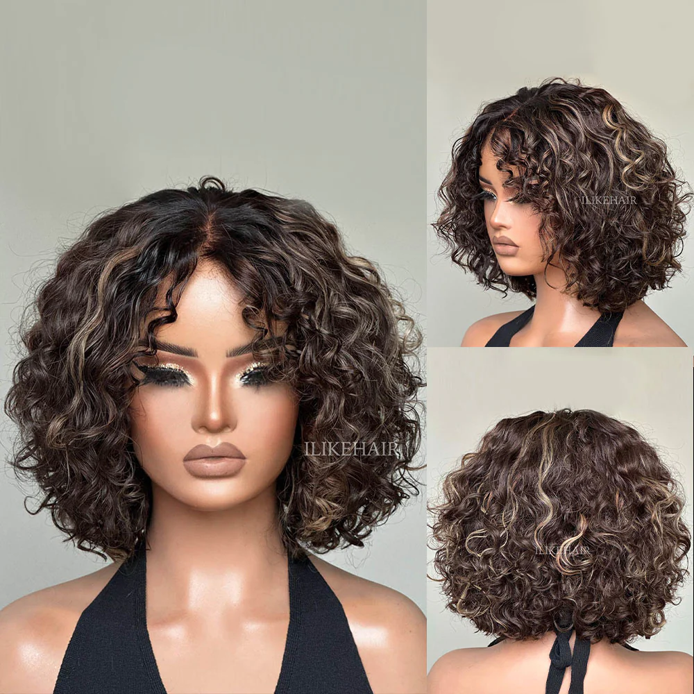Short Blonde Highlights Glueless Pixie Curly Lace Closure Wig