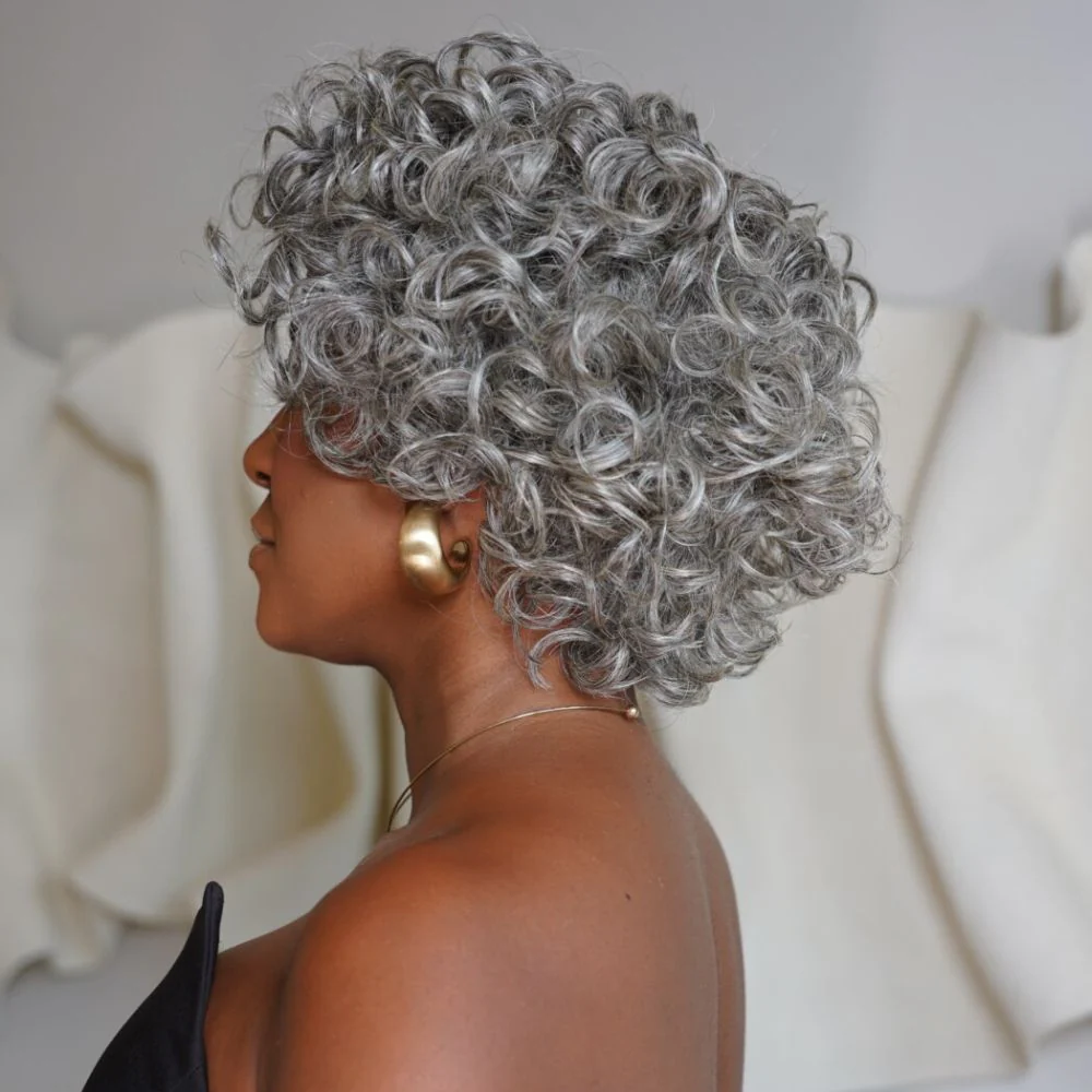 Glueless Ash Grey Rose Curly Bob Human Hair Wig