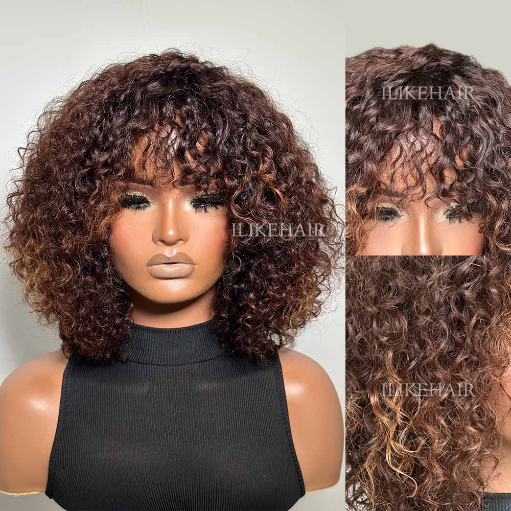 Put on & Go Brown Highlight Curly Bob Wig With Bangs
