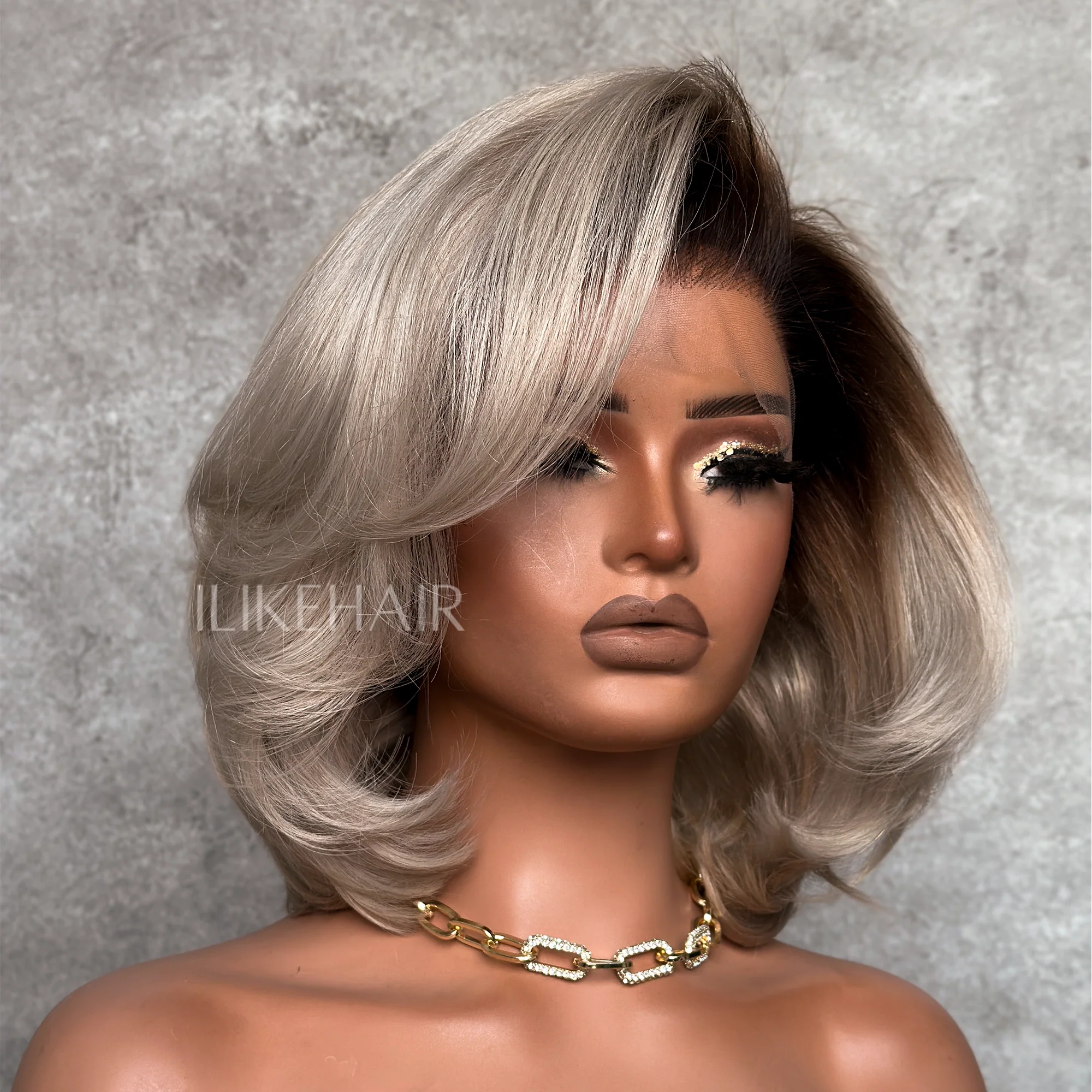 Short Ash Blonde Layered Bob With Dark Root Lace Frontal Wig