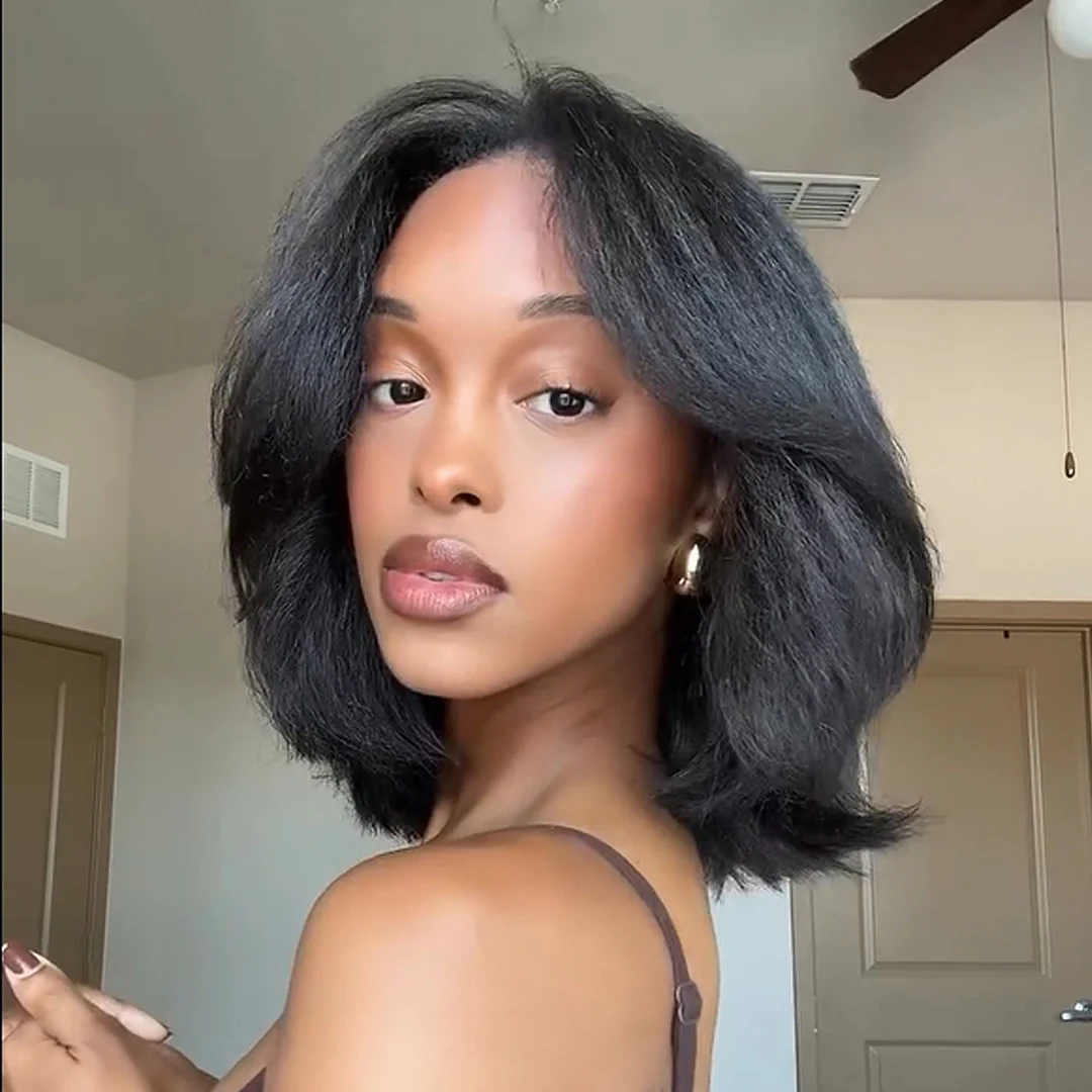 Natural Kinky Straight Layered Blowout Bob Wig