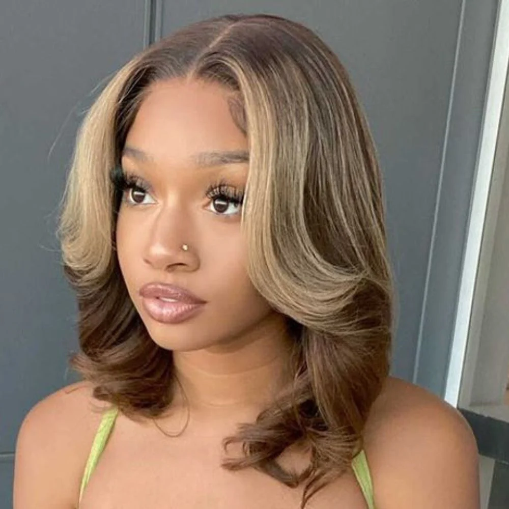 Short Ombre Chocolate Brown with Blonde Highlights 13x4 Lace Front Wig Human Hair