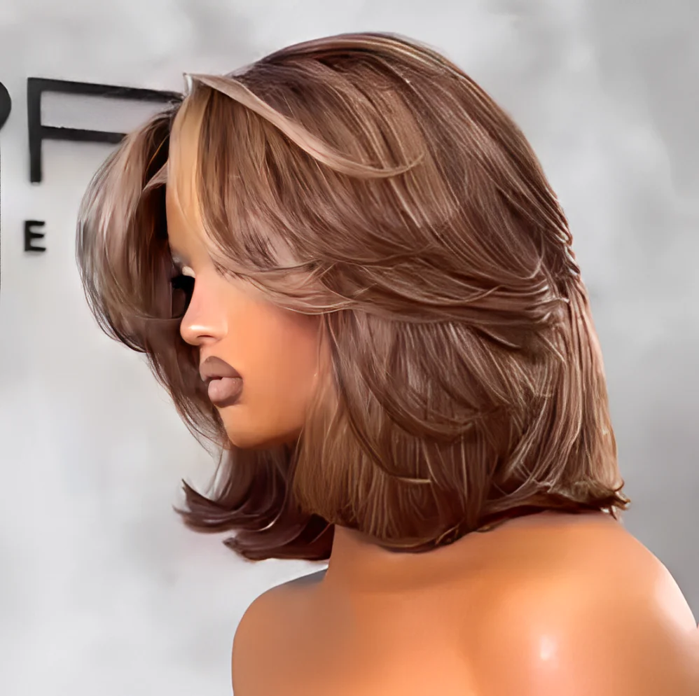 613 Blonde Highlight With Brown Layered Wave Bob Lace Wig