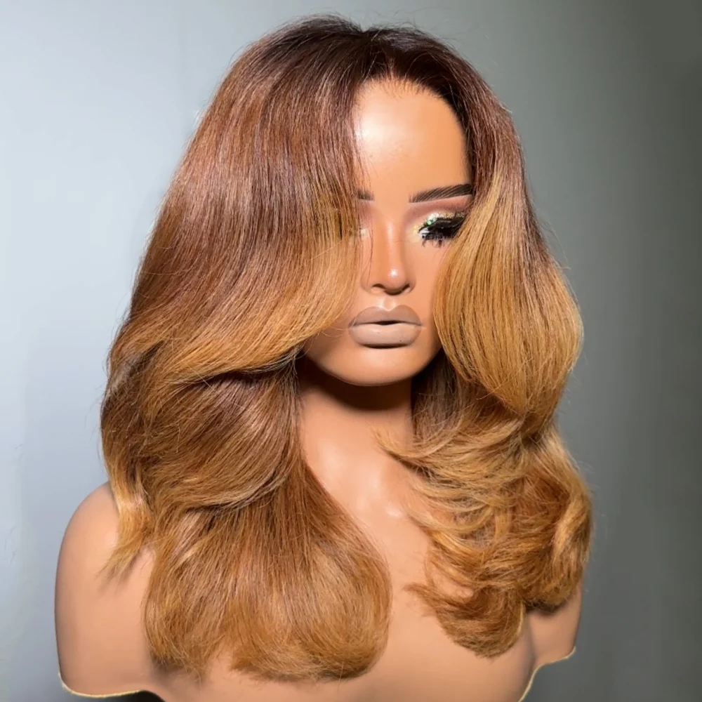 Ombre Light Brown Layered Cut Wavy 5x5 Lace Closure Wig