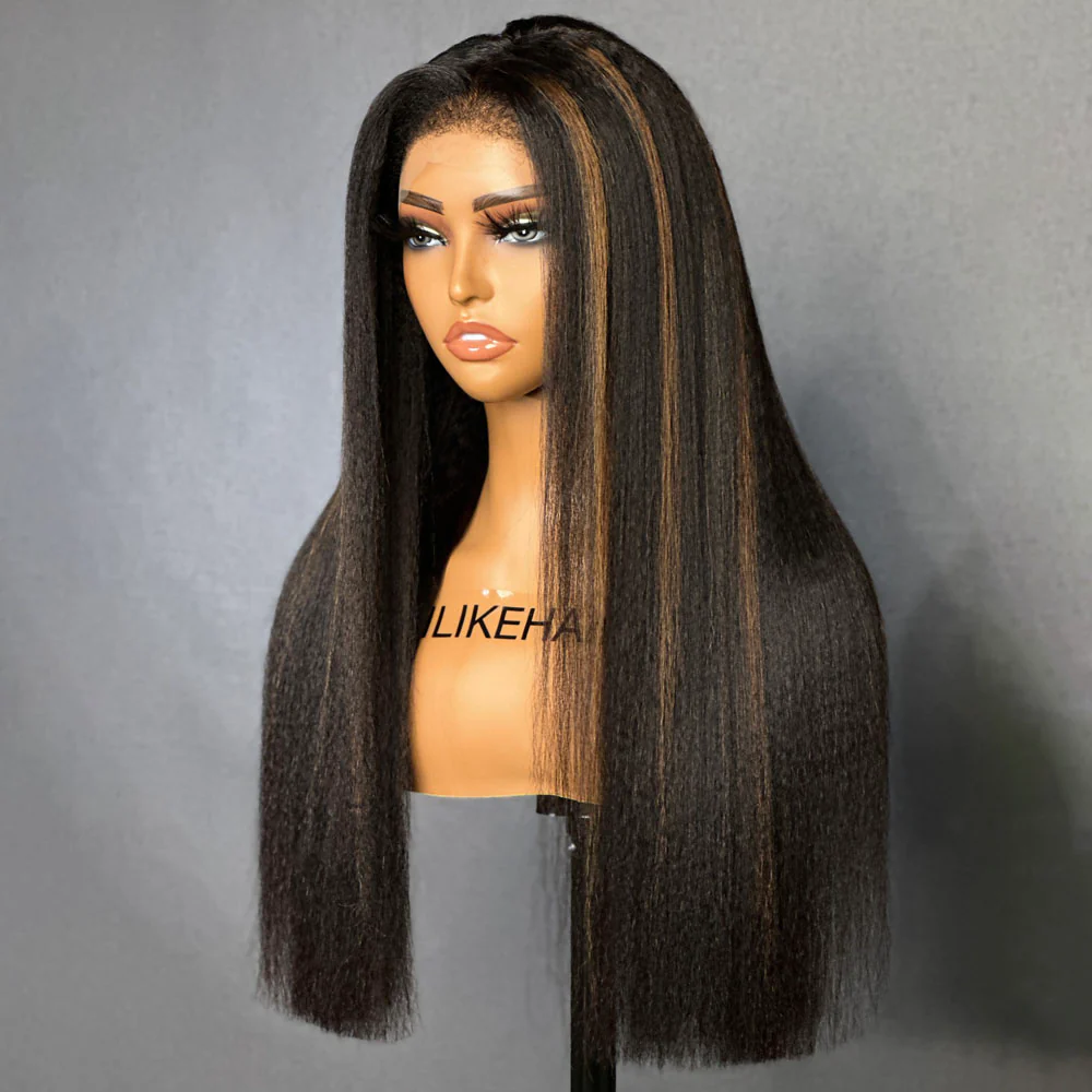 Natural Black Mix Brown Highlights Straight 13x4 HD Lace Front With Kinky Edges Wig