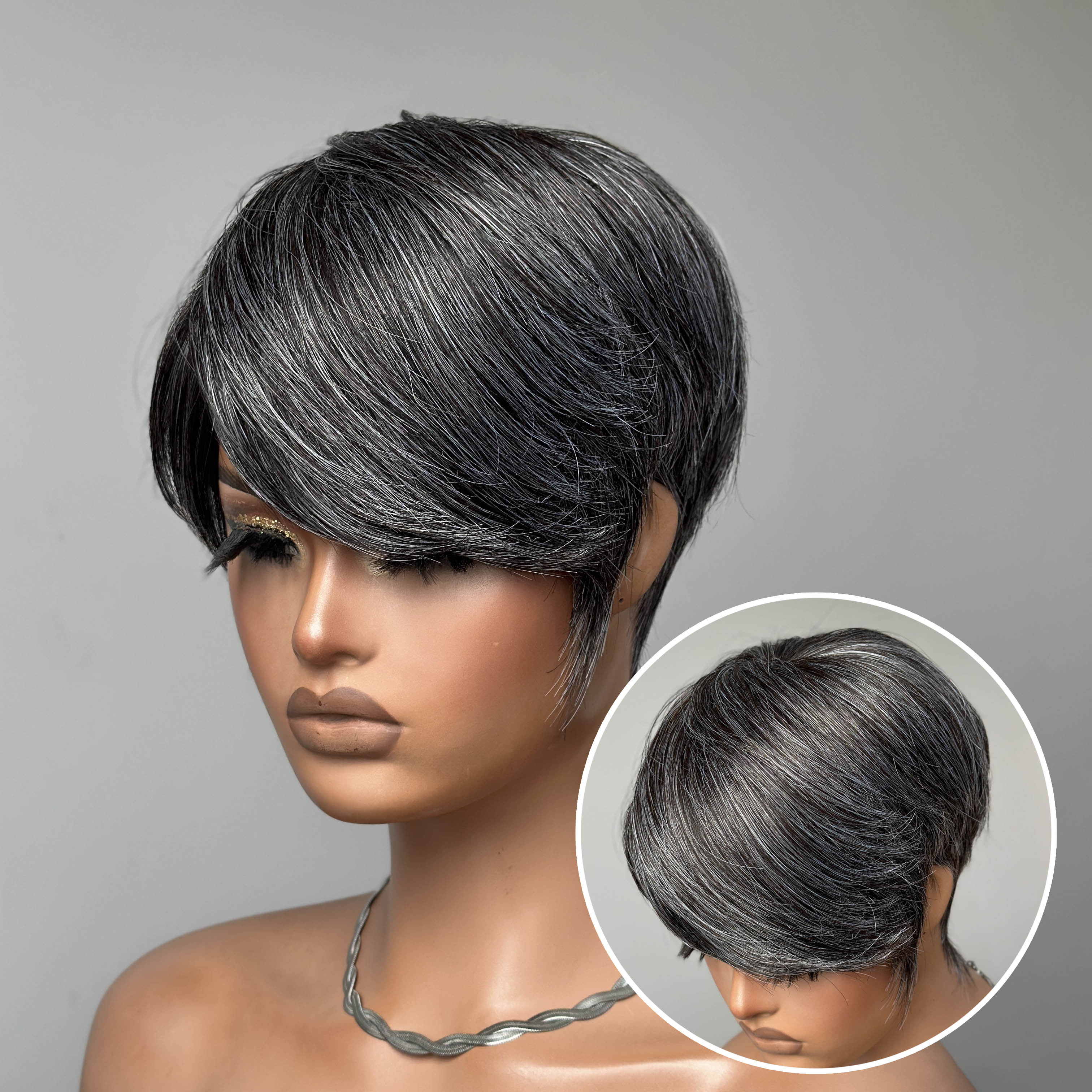 Short Silver Pixie Human Hair Wig with Side Bangs