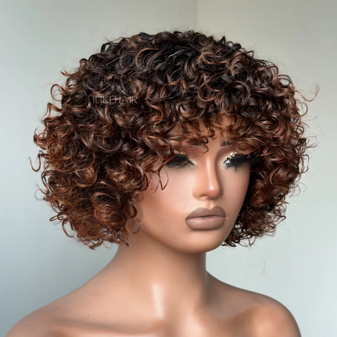 Put On & Go Short Ombre Auburn Brown Curly Wig With Bangs