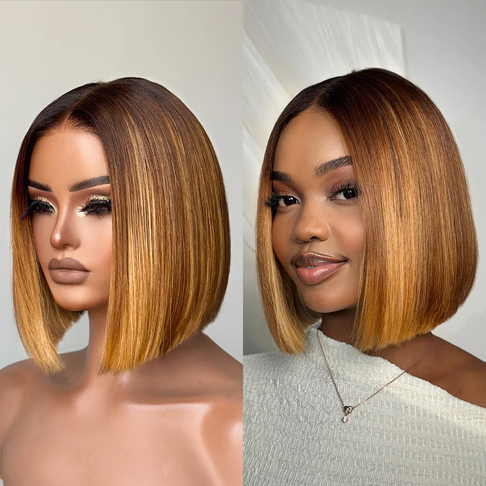 Ombre Brown With Honey Blonde Highlights Adjustable Cap Virgin Hair Bob HD Lace Wig