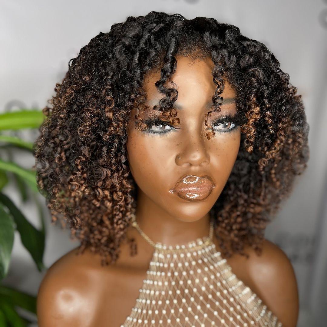 Ombre Brown Jerry Curly Bob 5x5 HD Lace Closure With Kinky Edges  Wig