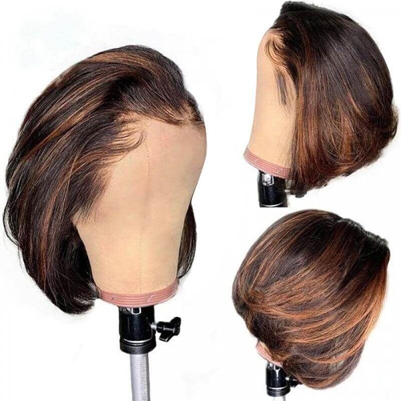 Glueless Short Pixie Cut Human Hair Lace Front Highlight Bob Wig