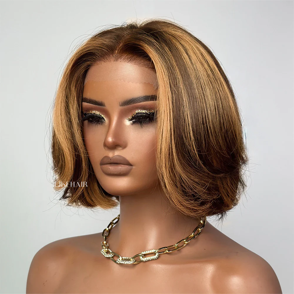 Brown With Blonde Highlights Wavy Bob Lace Closure Wig