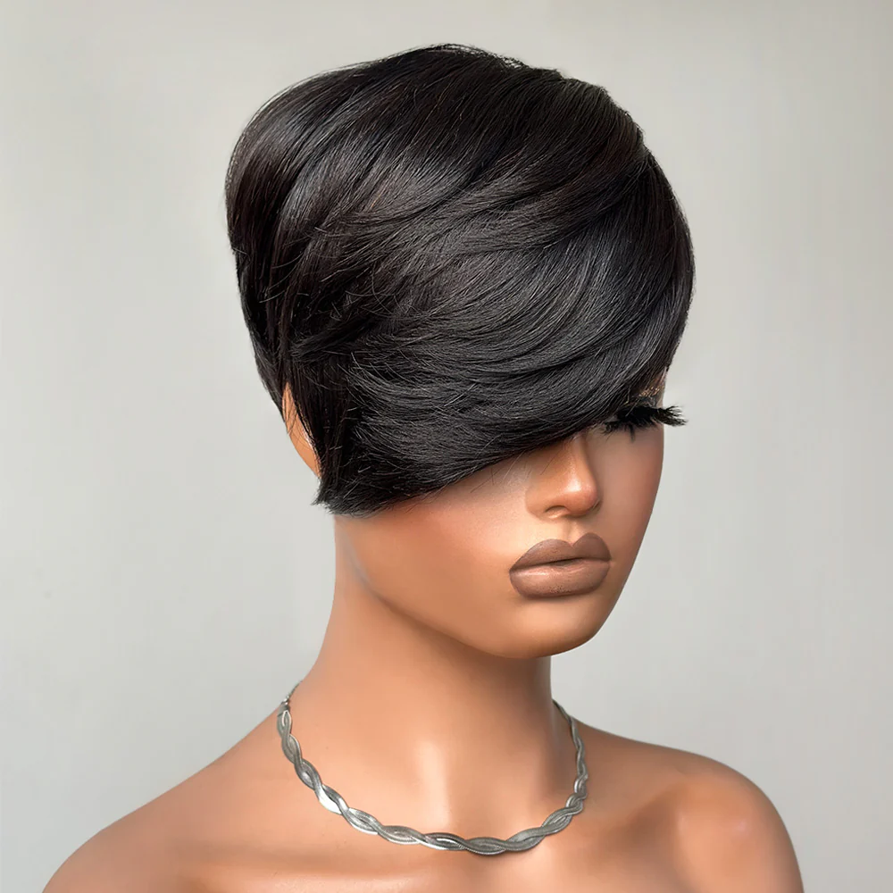 Long Layered Side Bangs Pixie Cut Human Hair Wig
