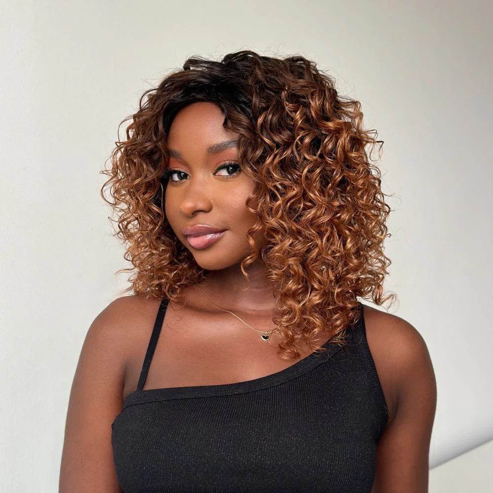 Glueless Ombre Brown Curly Human Hair Wig