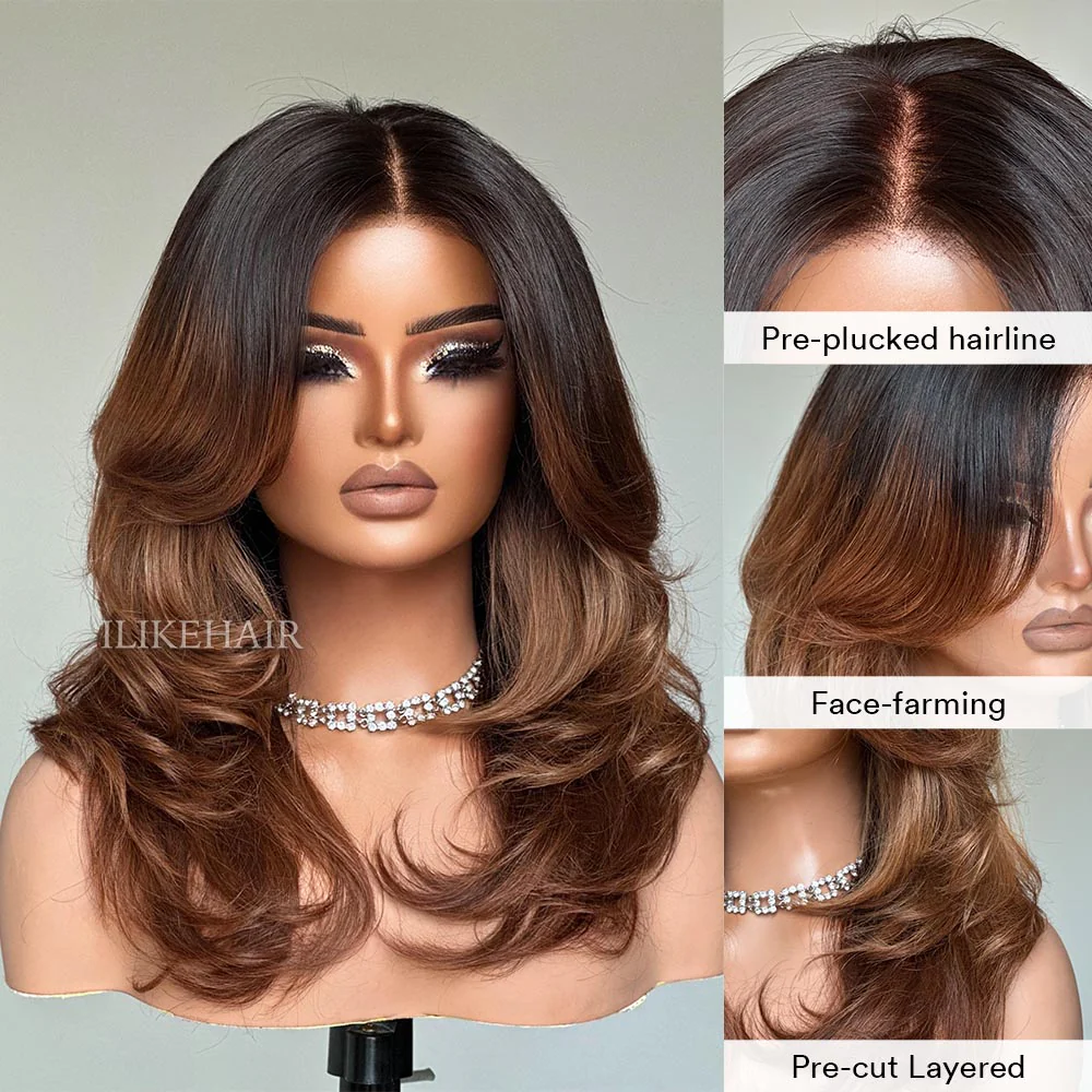 Ombre Brown Layered Wavy With Curtain Bangs Lace Closure Wig